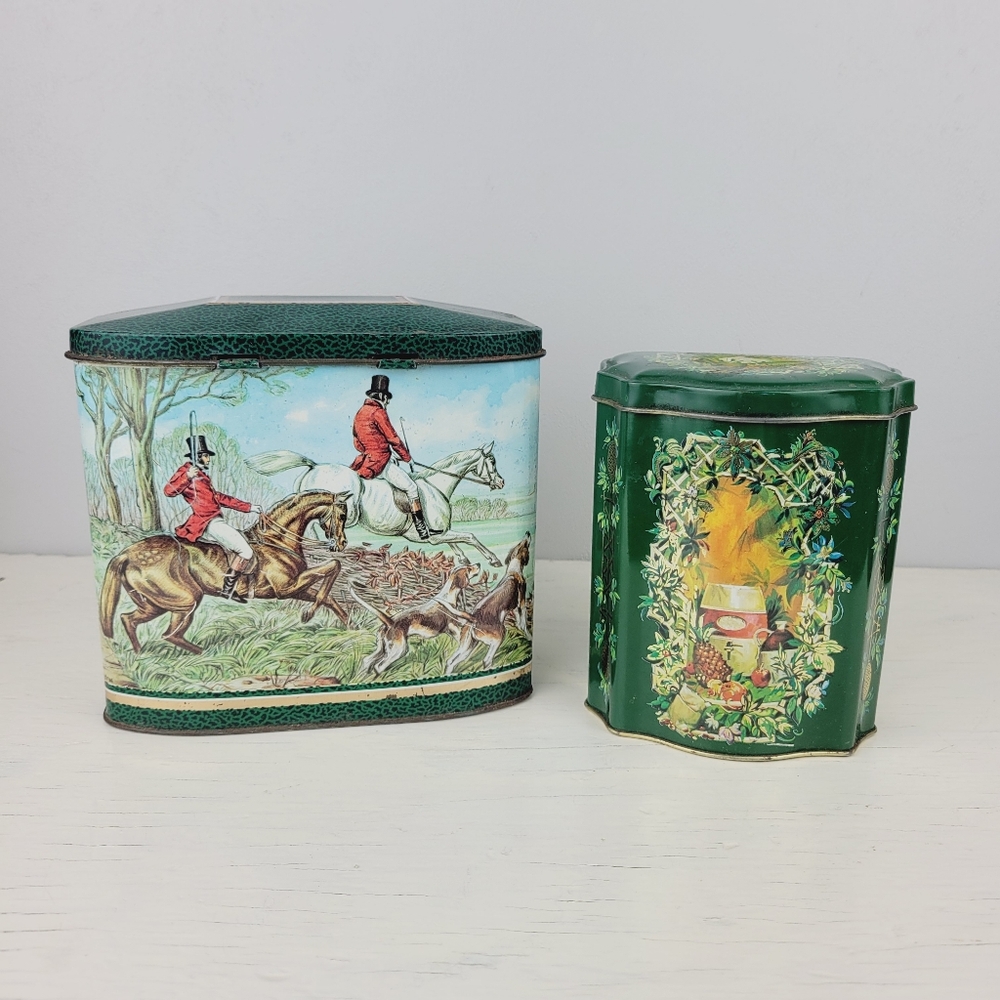Vintage Tinplate Canisters Joseph Bellamy Fox Hunting Green Avon Fruit Garden